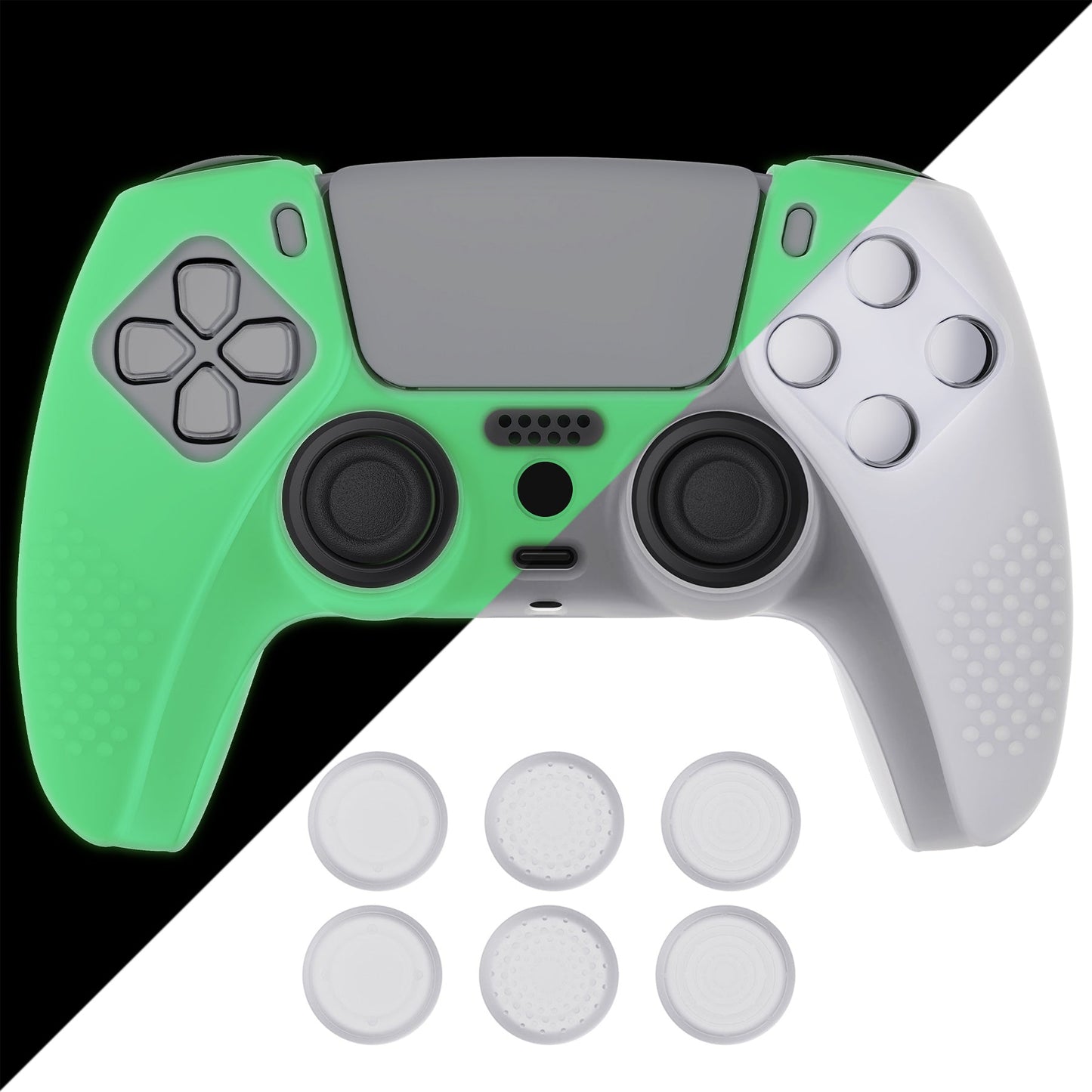 PlayVital 3D Studded Edition Anti-Slip Silicone Cover Skin with Thumb Grip Caps for PS5 Wireless Controller - Glow in Dark Green - TDPF027 PlayVital