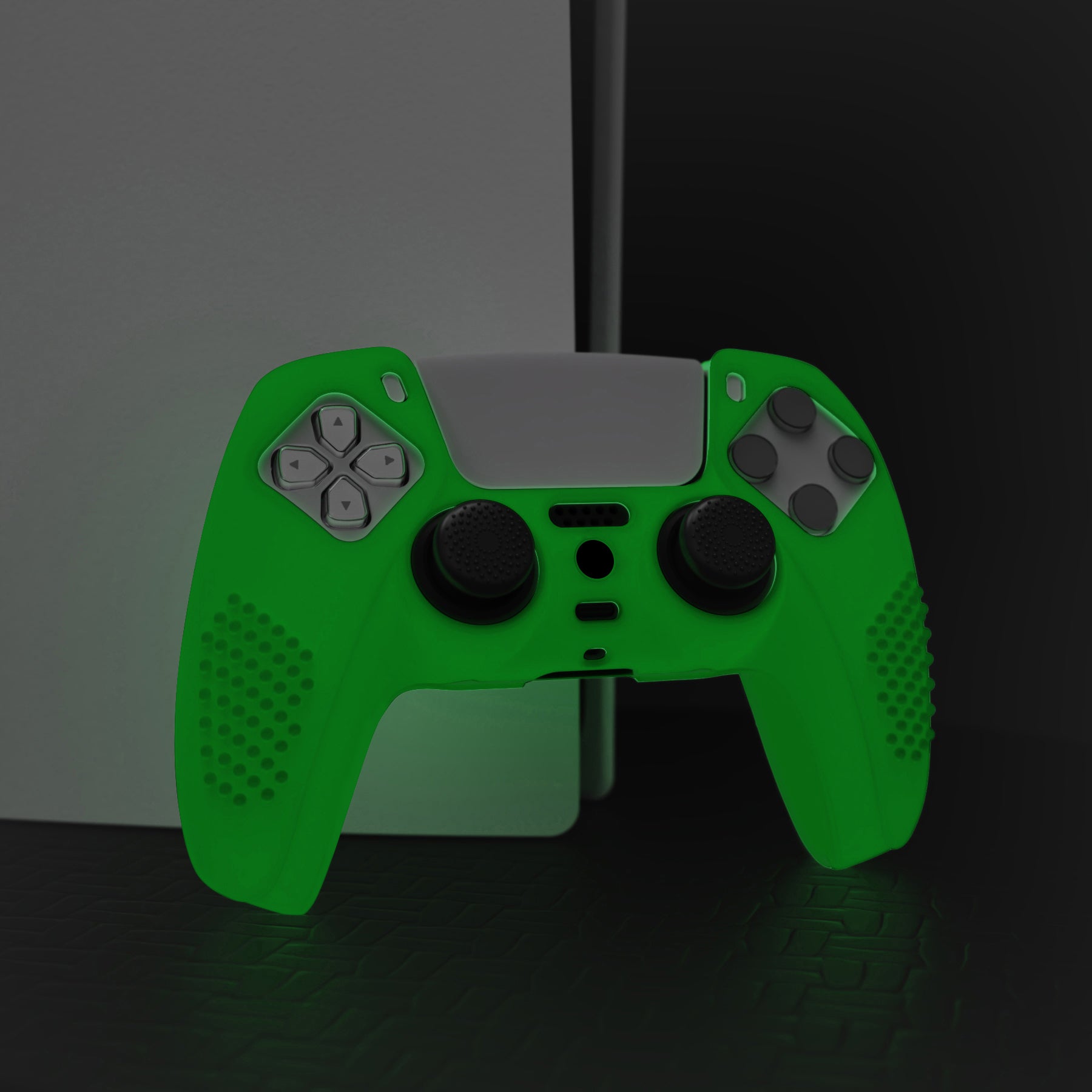 PlayVital 3D Studded Edition Anti-Slip Silicone Cover Skin with Thumb Grip Caps for PS5 Wireless Controller - Glow in Dark Green - TDPF027 PlayVital