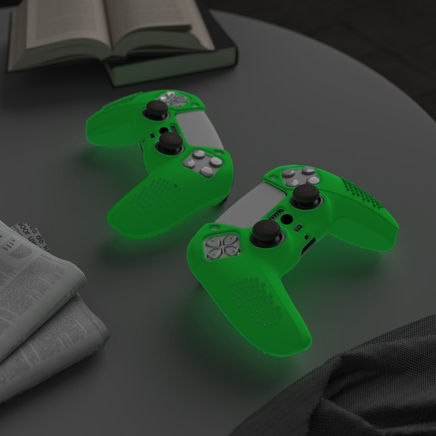 PlayVital 3D Studded Edition Anti-Slip Silicone Cover Skin with Thumb Grip Caps for PS5 Wireless Controller - Glow in Dark Green - TDPF027 PlayVital