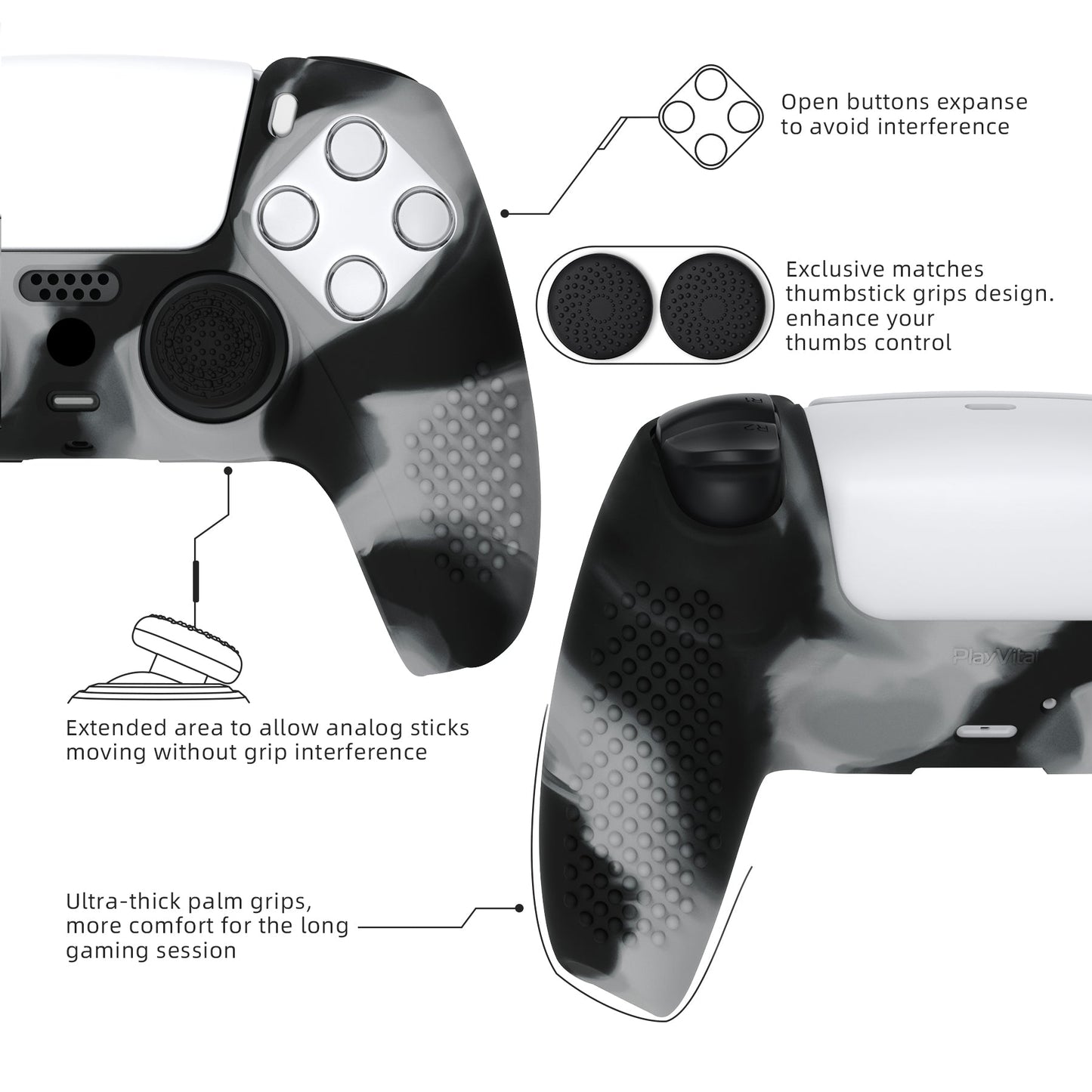 PlayVital 3D Studded Edition Anti-Slip Silicone Cover Skin with Thumb Grip Caps for PS5 Wireless Controller - New Hope Gray & Black - TDPF036 PlayVital