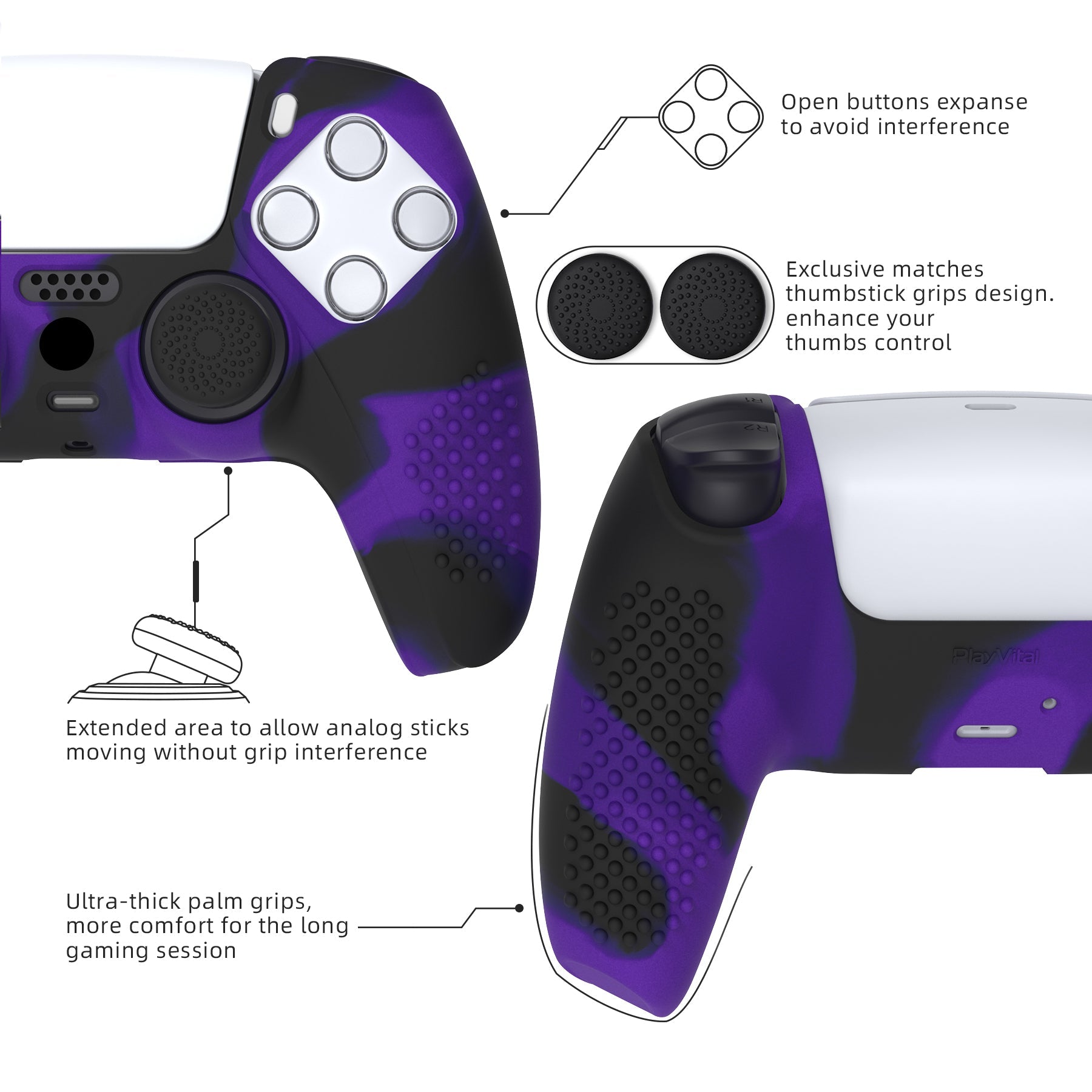 PlayVital 3D Studded Edition Anti-Slip Silicone Cover Skin with Thumb Grip Caps for PS5 Wireless Controller - Purple & Black - TDPF035 PlayVital