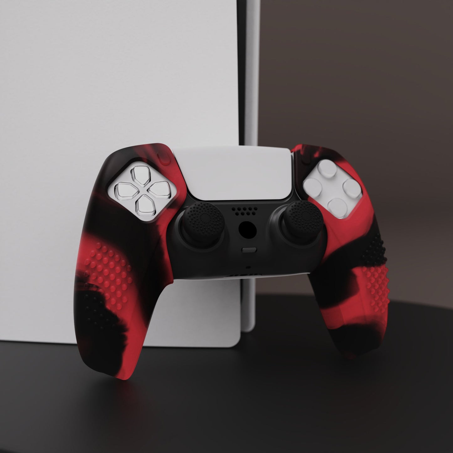 PlayVital 3D Studded Edition Anti-Slip Silicone Cover Skin with Thumb Grip Caps for PS5 Wireless Controller, Compatible with Charging Station - Red & Black - TDPF039 PlayVital