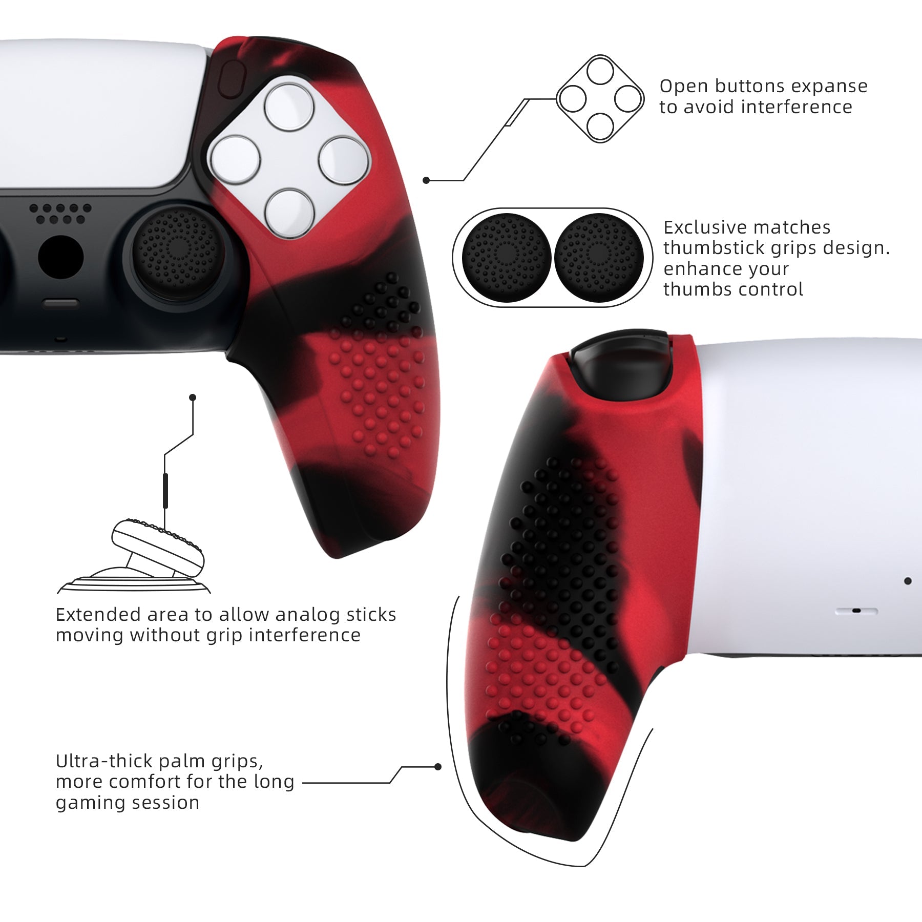 PlayVital 3D Studded Edition Anti-Slip Silicone Cover Skin with Thumb Grip Caps for PS5 Wireless Controller, Compatible with Charging Station - Red & Black - TDPF039 PlayVital