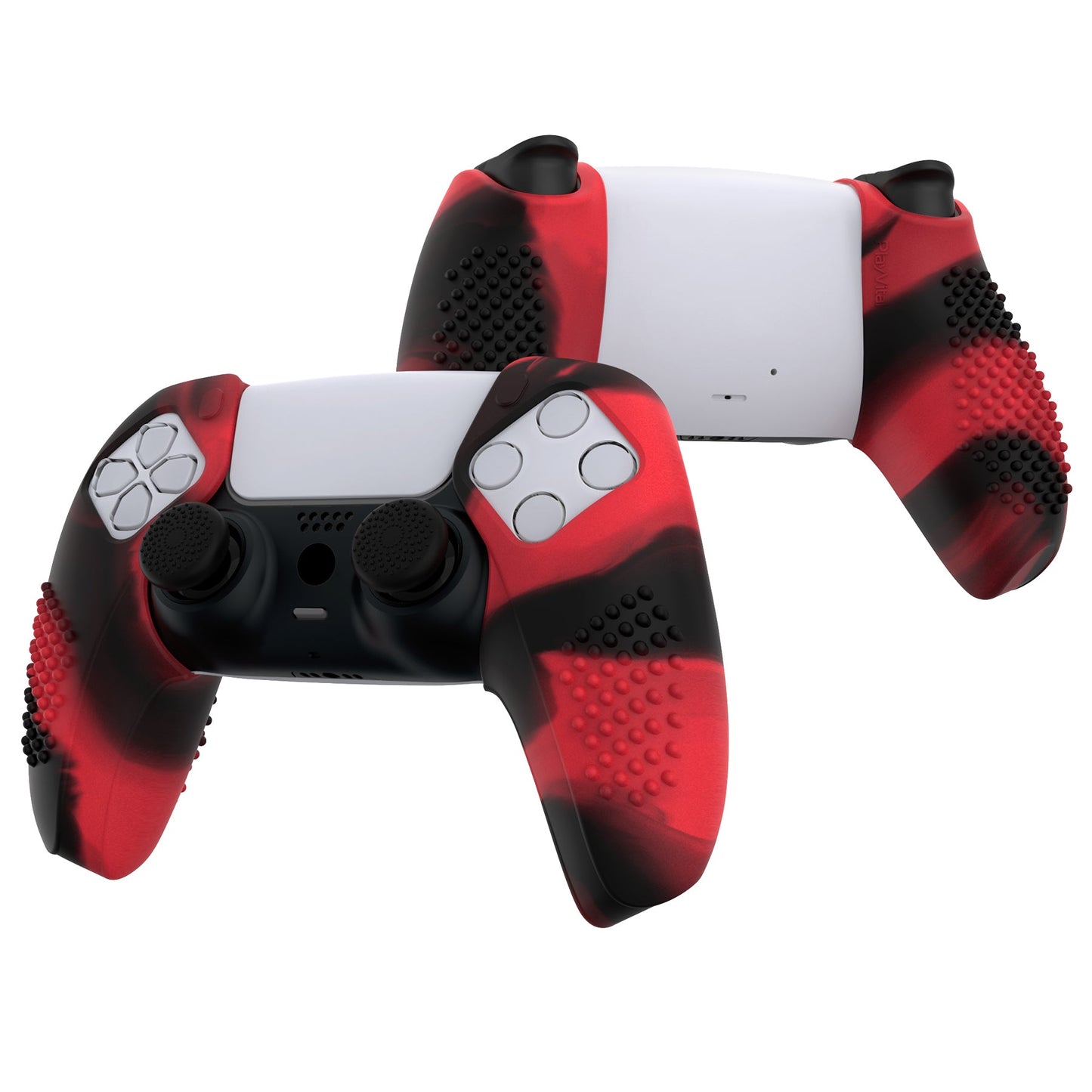 PlayVital 3D Studded Edition Anti-Slip Silicone Cover Skin with Thumb Grip Caps for PS5 Wireless Controller, Compatible with Charging Station - Red & Black - TDPF039 PlayVital