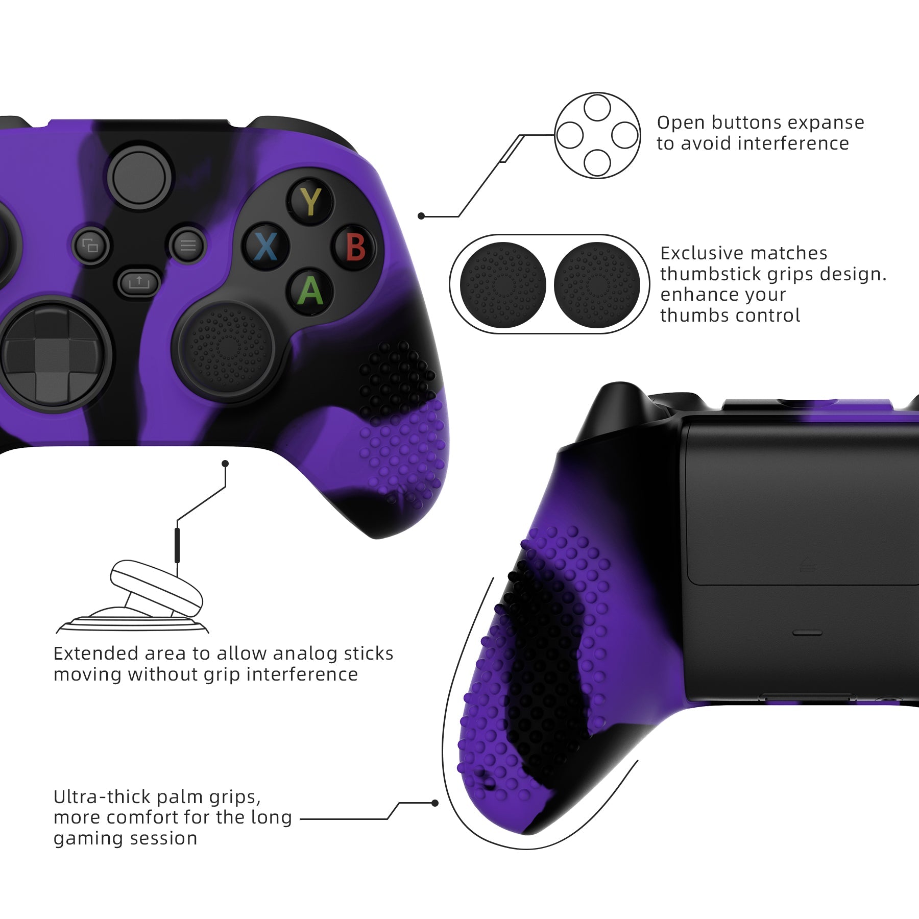 PlayVital 3D Studded Edition Anti-slip Silicone Cover Skin with Thumb Grip Caps for Xbox Series X/S Controller & Xbox Core Wireless Controller - Purple & Black - SDX3022 PlayVital