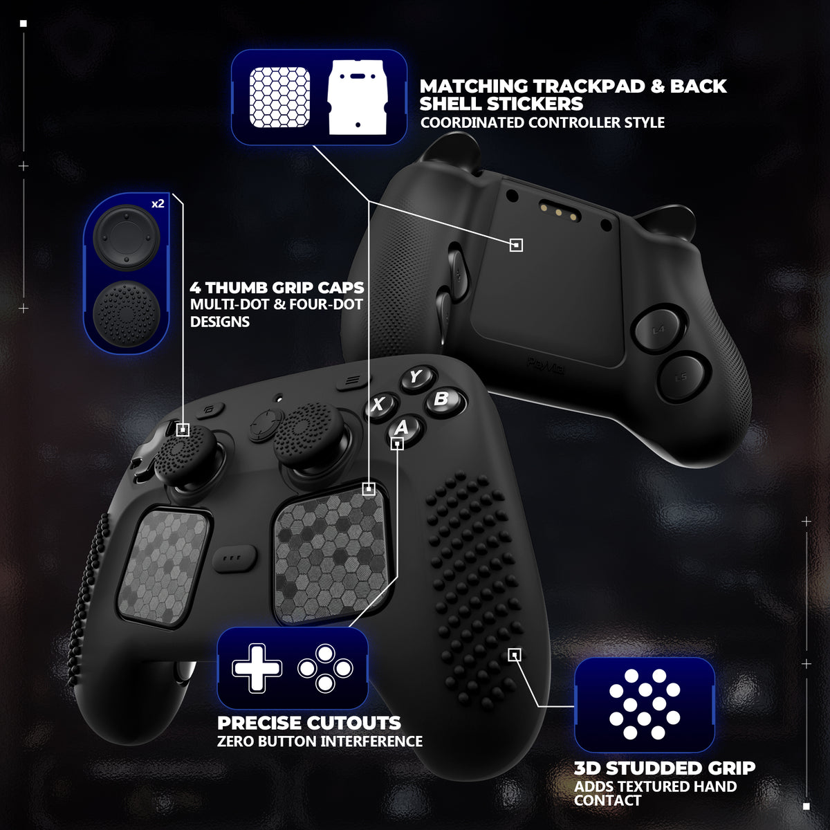 PlayVital 3D Studded Edition シリコンカバー 4個のサムグリップ＆ステッカー付き Steam Controller 2（2026）用【ブラック】