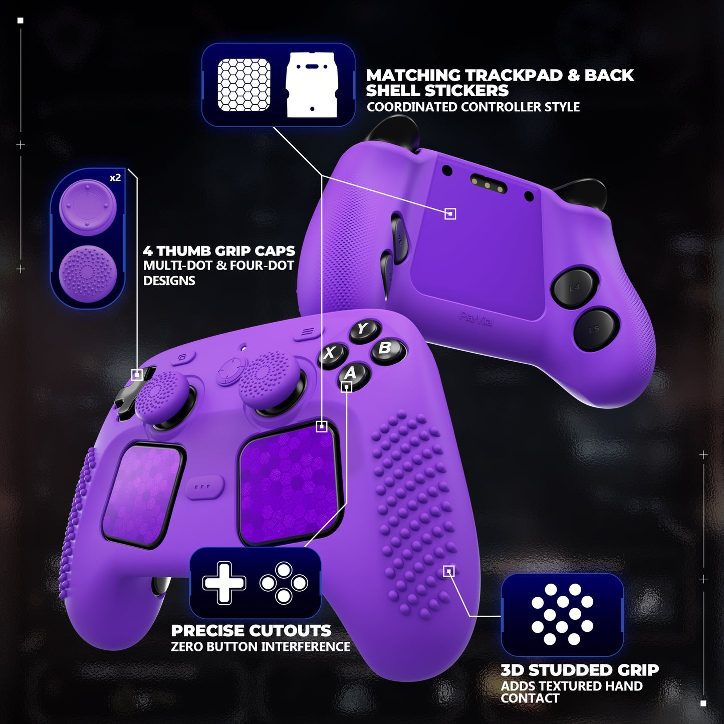 PlayVital 3D Studded Edition シリコンカバー 4個のサムグリップ＆ステッカー付き Steam Controller 2（2026）用【パープル】