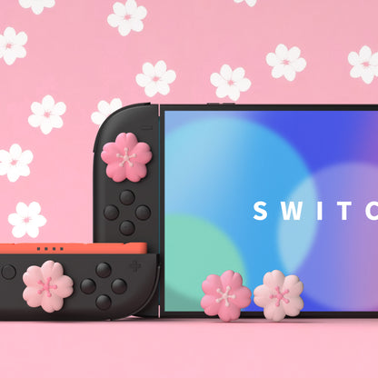 PlayVital Switch 2（2025年新モデル）対応 親指グリップキャップ 4個セット かわいいシリコン製スティックカバー Joycon用 耐久性ある 【桜ピンク花びら】