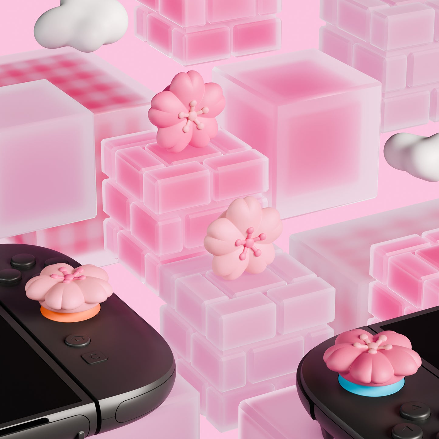 PlayVital Switch 2（2025年新モデル）対応 親指グリップキャップ 4個セット かわいいシリコン製スティックカバー Joycon用 耐久性ある 【桜ピンク花びら】