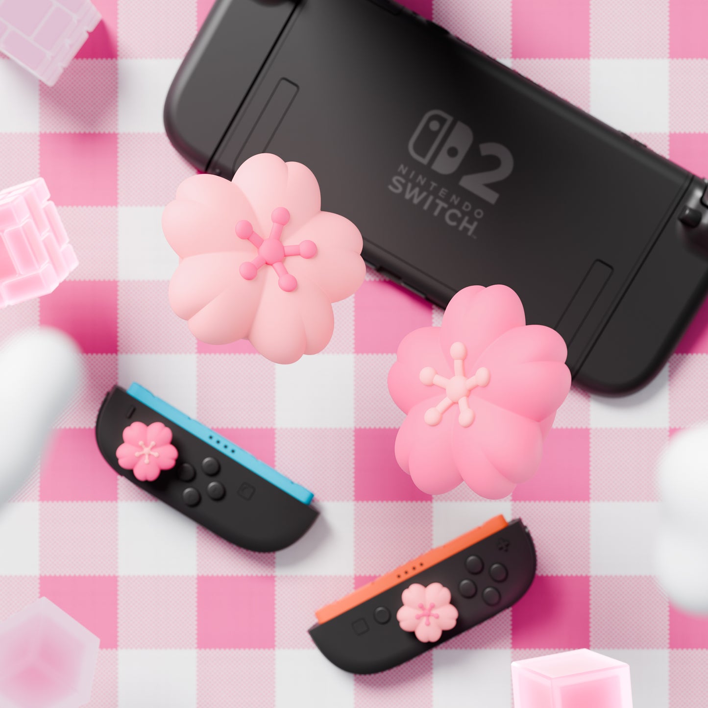 PlayVital Switch 2（2025年新モデル）対応 親指グリップキャップ 4個セット かわいいシリコン製スティックカバー Joycon用 耐久性ある 【桜ピンク花びら】