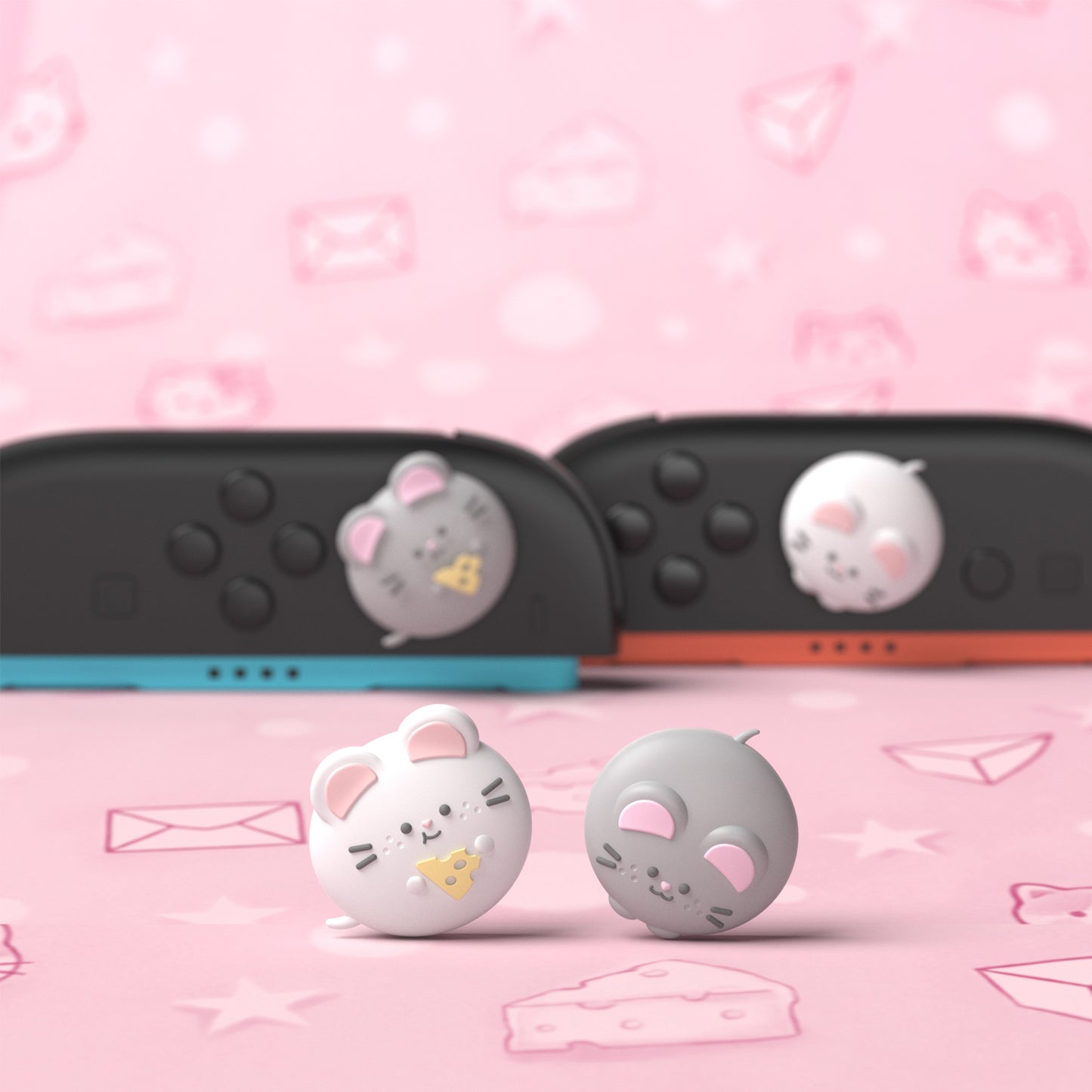 PlayVital Switch 2（2025年新モデル）対応 親指グリップキャップ 4個セット かわいいシリコン製スティックカバー Joycon用 耐久性ある 【チーズねずみ＆ひょっこりねずみ】