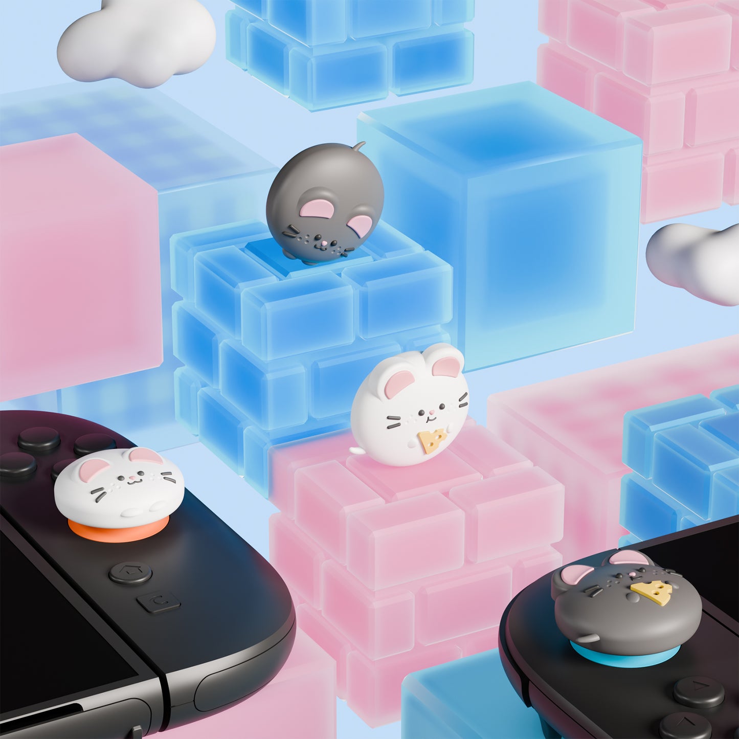PlayVital Switch 2（2025年新モデル）対応 親指グリップキャップ 4個セット かわいいシリコン製スティックカバー Joycon用 耐久性ある 【チーズねずみ＆ひょっこりねずみ】