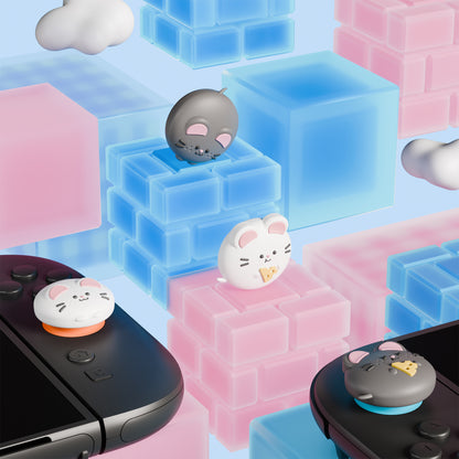 PlayVital Switch 2（2025年新モデル）対応 親指グリップキャップ 4個セット かわいいシリコン製スティックカバー Joycon用 耐久性ある 【チーズねずみ＆ひょっこりねずみ】