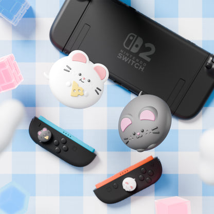 PlayVital Switch 2（2025年新モデル）対応 親指グリップキャップ 4個セット かわいいシリコン製スティックカバー Joycon用 耐久性ある 【チーズねずみ＆ひょっこりねずみ】