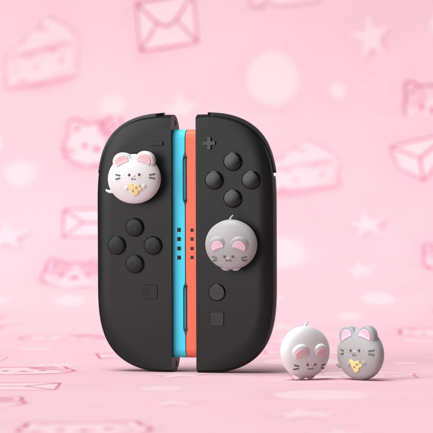 PlayVital Switch 2（2025年新モデル）対応 親指グリップキャップ 4個セット かわいいシリコン製スティックカバー Joycon用 耐久性ある 【チーズねずみ＆ひょっこりねずみ】