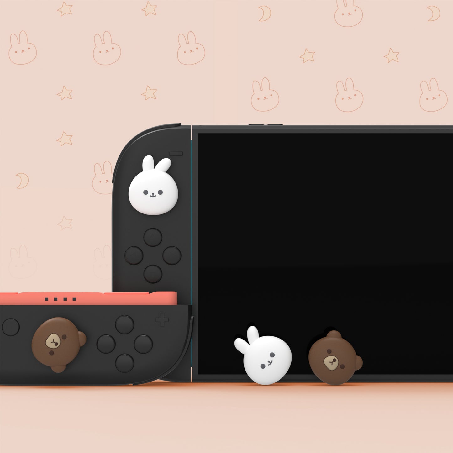 PlayVital Switch 2（2025年新モデル）対応 親指グリップキャップ 4個セット かわいいシリコン製スティックカバー Joycon用 耐久性ある 【チャビーベア＆スマイリーバニー】
