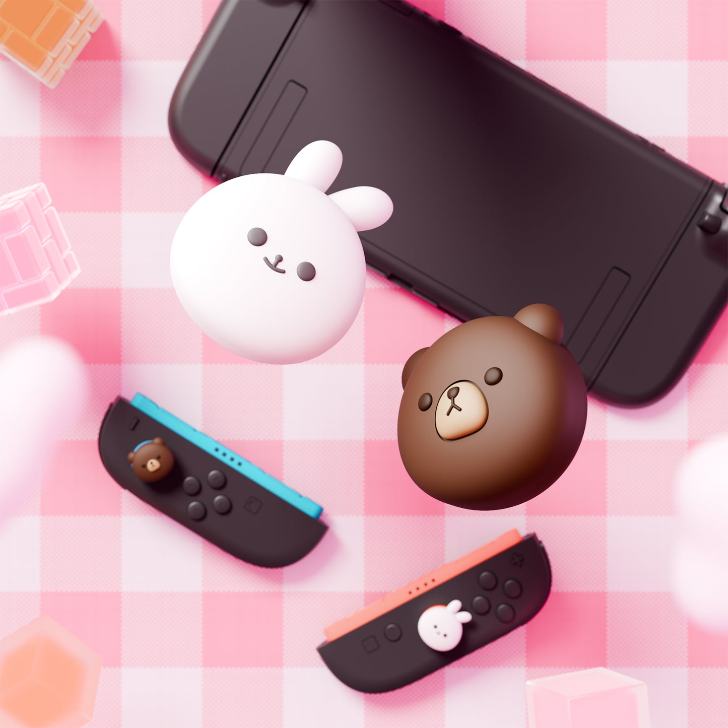 PlayVital Switch 2（2025年新モデル）対応 親指グリップキャップ 4個セット かわいいシリコン製スティックカバー Joycon用 耐久性ある 【チャビーベア＆スマイリーバニー】