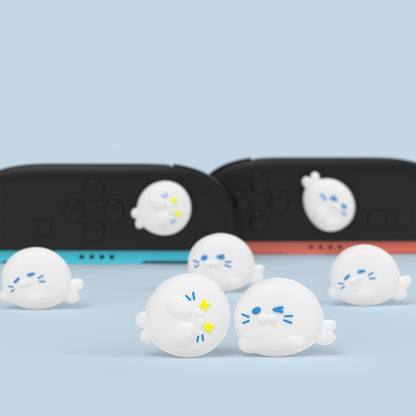 PlayVital Switch 2（2025年新モデル）対応 親指グリップキャップ 4個セット かわいいシリコン製スティックカバー Joycon用 耐久性ある 【キューティーアザラシ隊】