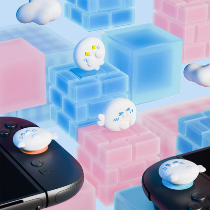 PlayVital Switch 2（2025年新モデル）対応 親指グリップキャップ 4個セット かわいいシリコン製スティックカバー Joycon用 耐久性ある 【キューティーアザラシ隊】