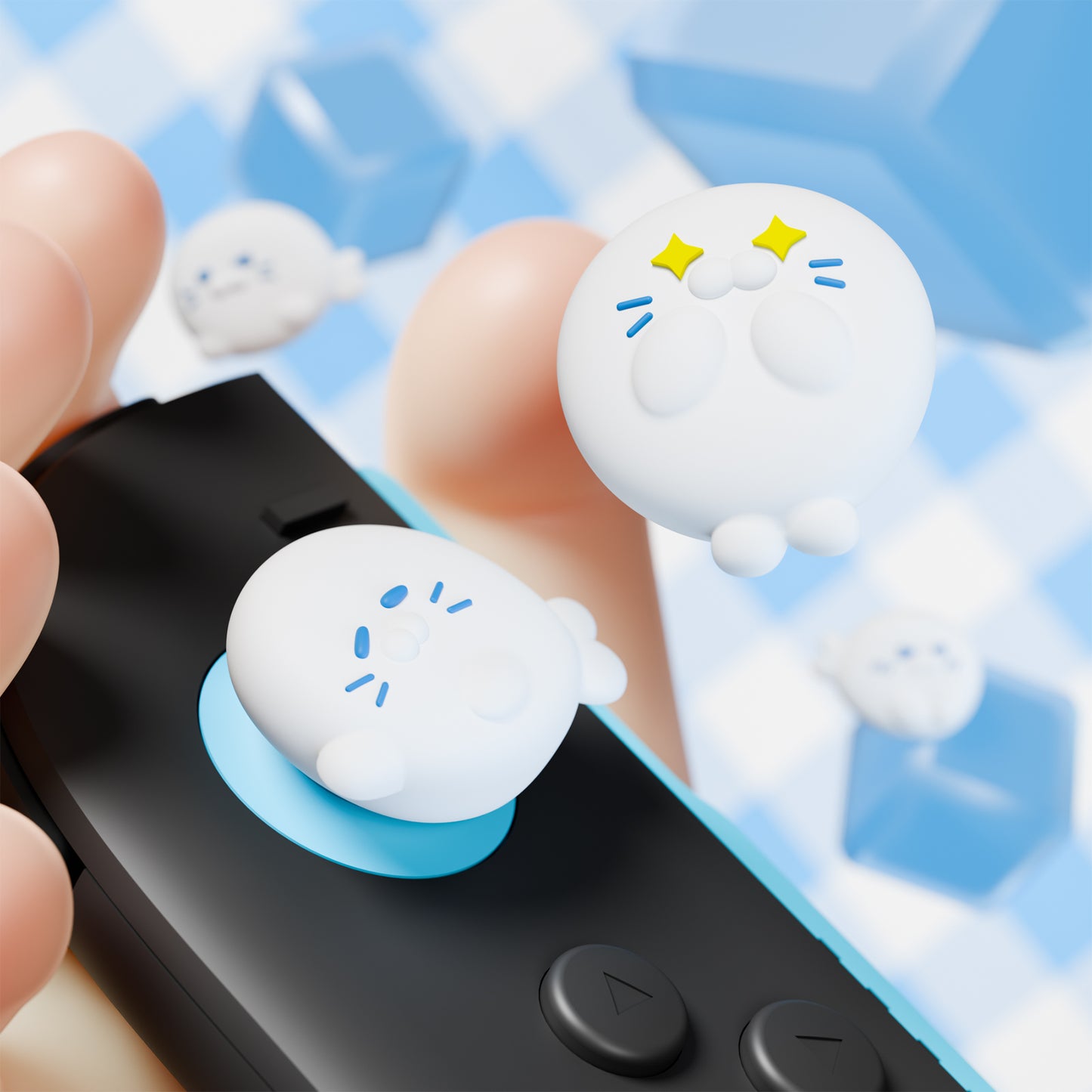 PlayVital Switch 2（2025年新モデル）対応 親指グリップキャップ 4個セット かわいいシリコン製スティックカバー Joycon用 耐久性ある 【キューティーアザラシ隊】