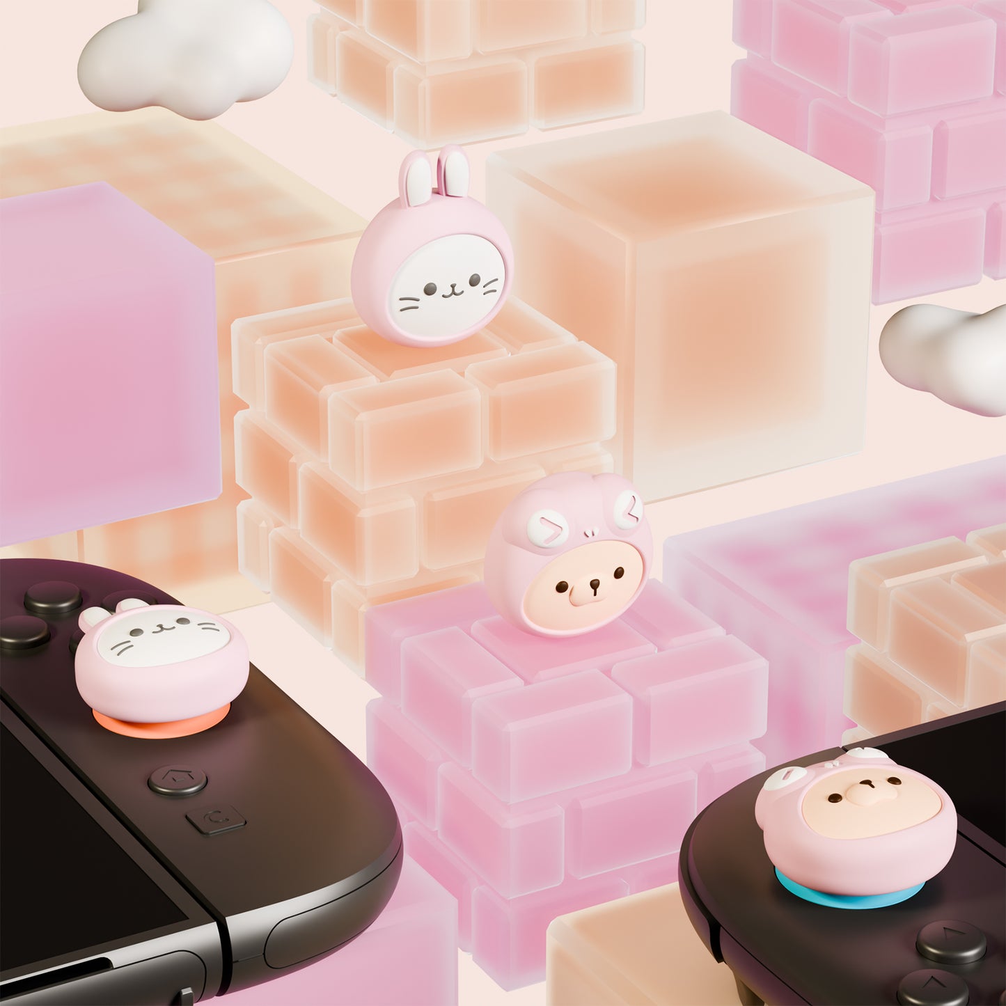 PlayVital Switch 2（2025年新モデル）対応 親指グリップキャップ 4個セット  かわいいシリコン製スティックカバー Joycon用 耐久性ある 【ウサギの着ぐるみ猫やカエルの着ぐるみ犬】