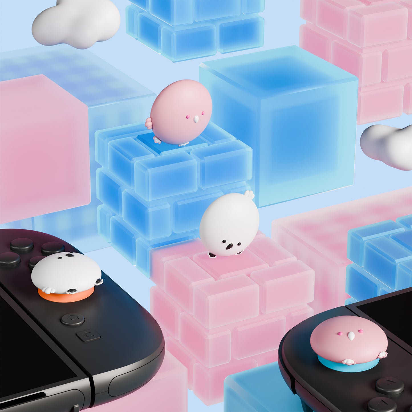 PlayVital Switch 2（2025年新モデル）対応 親指グリップキャップ 4個セット かわいいシリコン製スティックカバー Joycon用 耐久性ある 【ふわふわヒヨコ＆はずかしがりヒヨコ】
