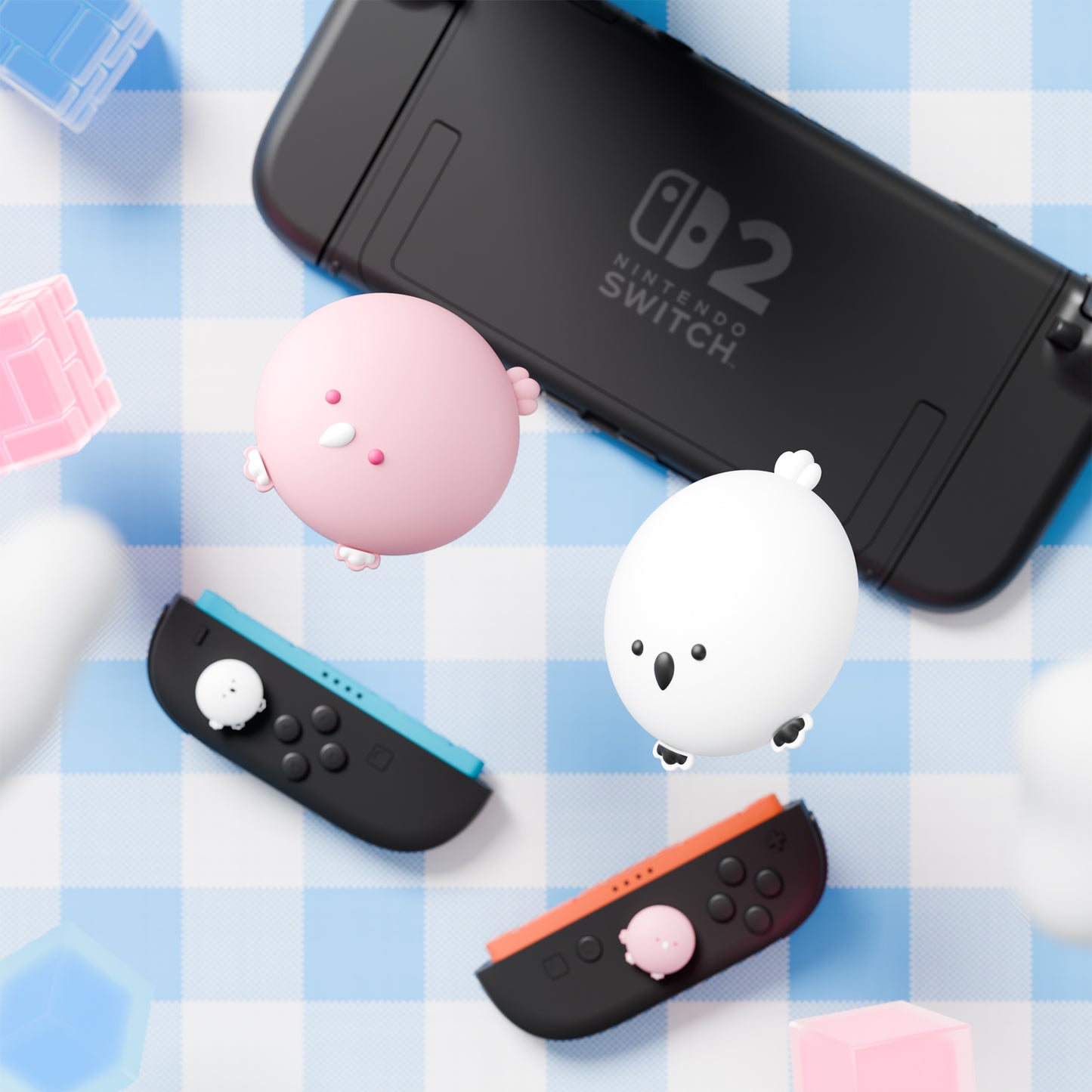 PlayVital Switch 2（2025年新モデル）対応 親指グリップキャップ 4個セット かわいいシリコン製スティックカバー Joycon用 耐久性ある 【ふわふわヒヨコ＆はずかしがりヒヨコ】