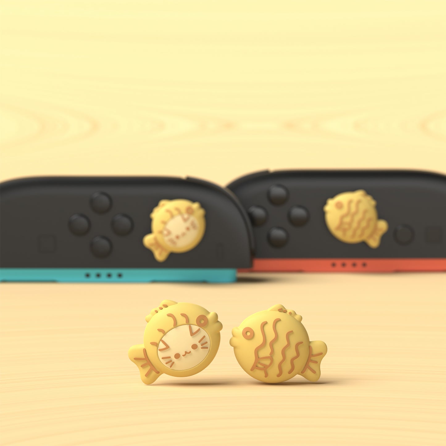PlayVital Switch 2（2025年新モデル）対応 親指グリップキャップ 4個セット かわいいシリコン製スティックカバー Joycon用 耐久性ある 【鯛焼きや魚の着ぐるみ猫】