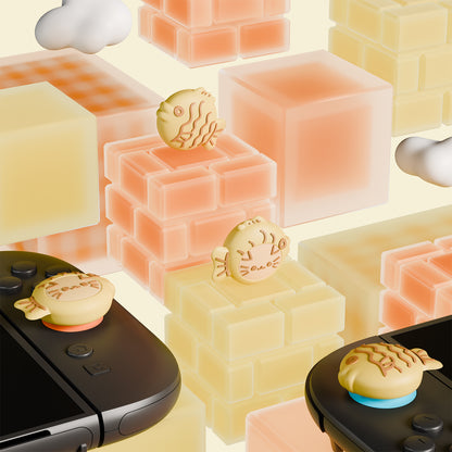 PlayVital Switch 2（2025年新モデル）対応 親指グリップキャップ 4個セット かわいいシリコン製スティックカバー Joycon用 耐久性ある 【鯛焼きや魚の着ぐるみ猫】