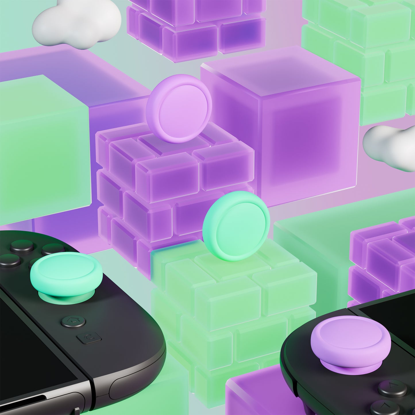 PlayVital 2025年新型Switch 2対応用親指グリップキャップ 4個セットジョイコン対応シリコン素材 快適フィット 滑り止めスティックカバー 【ソフトバイオレット＆ミントグリーン】