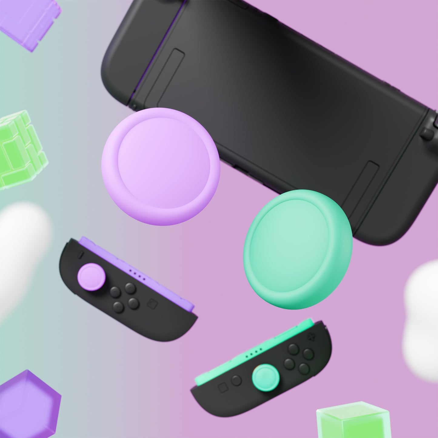 PlayVital 2025年新型Switch 2対応用親指グリップキャップ 4個セットジョイコン対応シリコン素材 快適フィット 滑り止めスティックカバー 【ソフトバイオレット＆ミントグリーン】