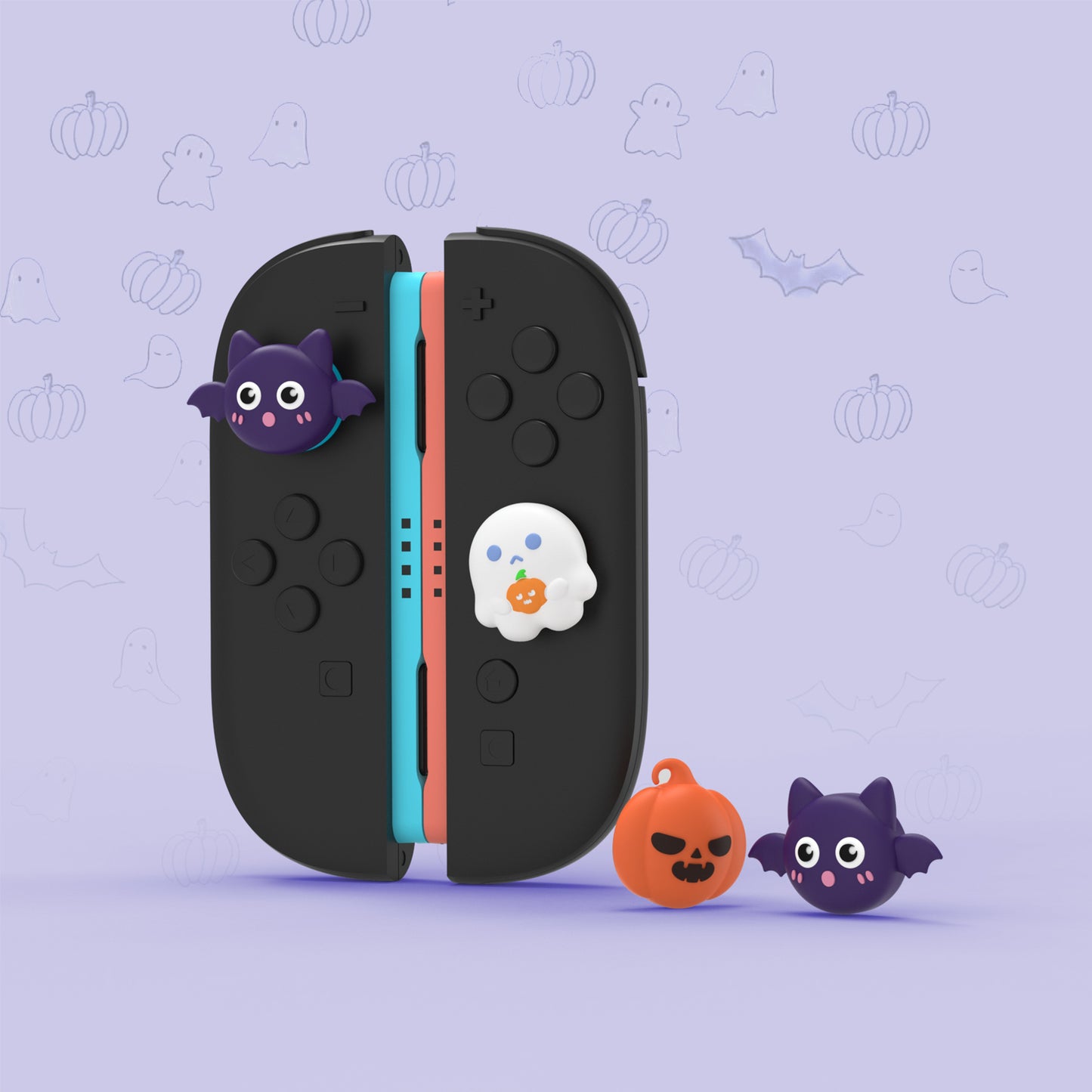 PlayVital Switch 2（2025年モデル）対応 親指グリップキャップ 6個セット かわいいシリコン製スティックカバー Joycon用 アナログスティック保護キャップ【ハロウィン風かぼちゃ＆コウモリ＆ゴーストデザイン】