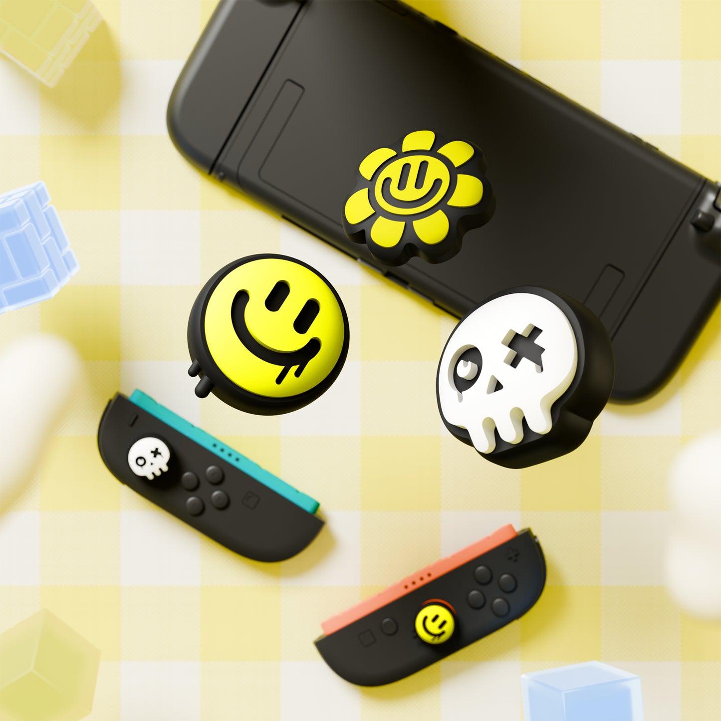 PlayVital Switch 2（2025年モデル）対応 親指グリップキャップ 6個セット かわいいシリコン製スティックカバー Joycon用 アナログスティック保護キャップ【ハッピー＆グルーミースタイル】