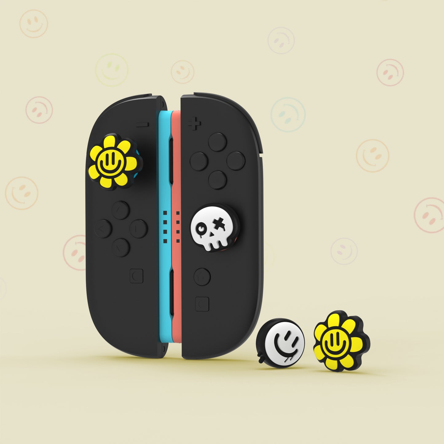 PlayVital Switch 2（2025年モデル）対応 親指グリップキャップ 6個セット かわいいシリコン製スティックカバー Joycon用 アナログスティック保護キャップ【ハッピー＆グルーミースタイル】