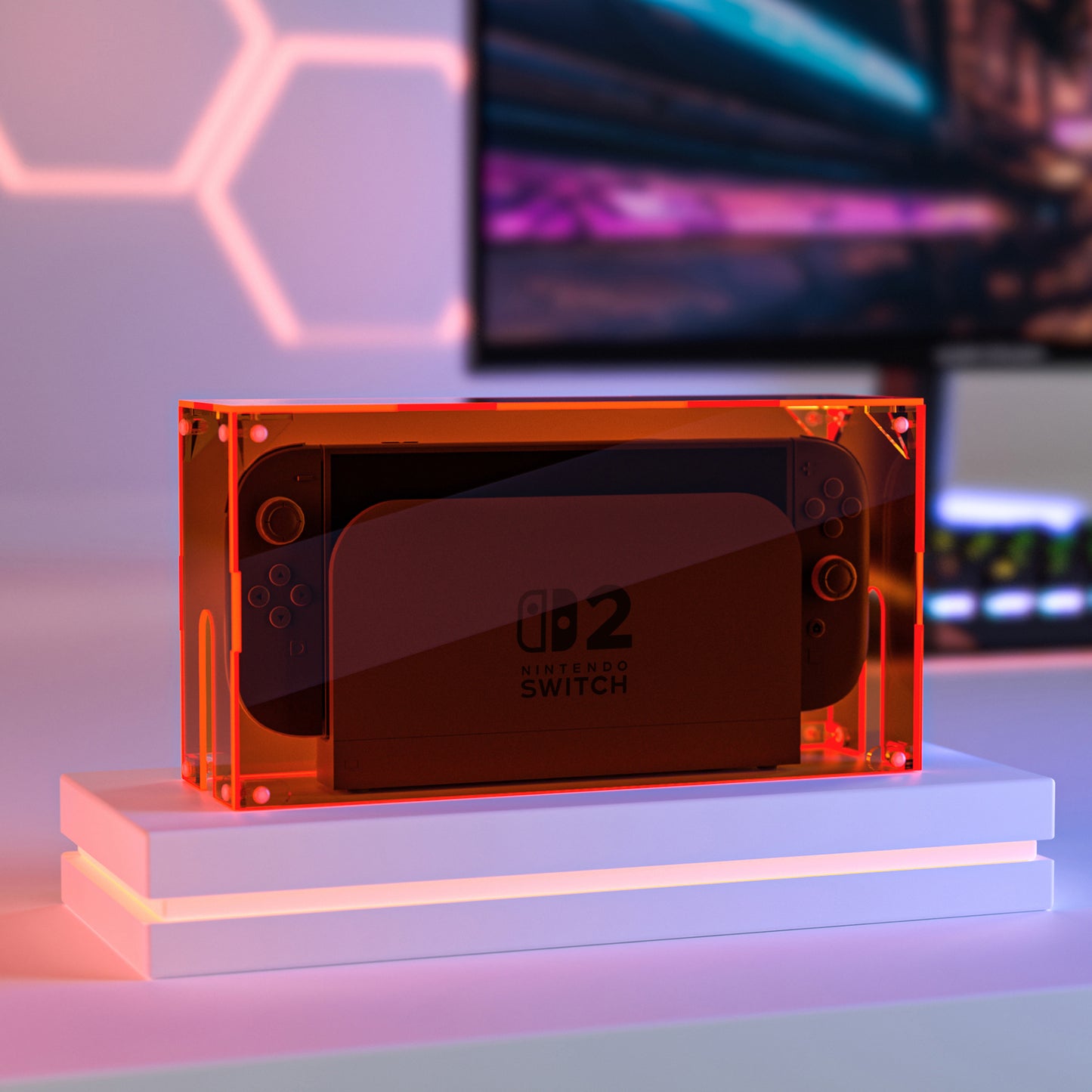 PlayVital ハイクリア アクリル製 保護ボックスケース for Nintendo Switch 2（2025）組立式 防水 防塵 耐衝撃 スイッチ2本体＆ドック対応【クリアオレンジ】