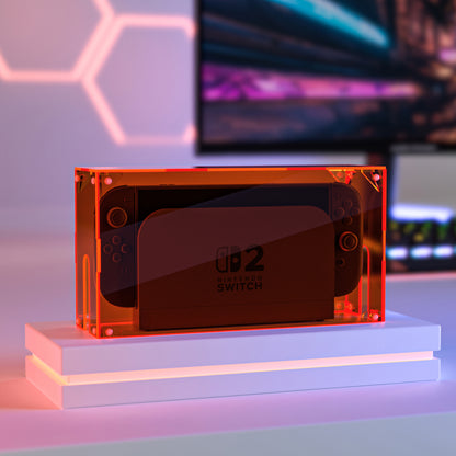 PlayVital ハイクリア アクリル製 保護ボックスケース for Nintendo Switch 2（2025）組立式 防水 防塵 耐衝撃 スイッチ2本体＆ドック対応【クリアオレンジ】