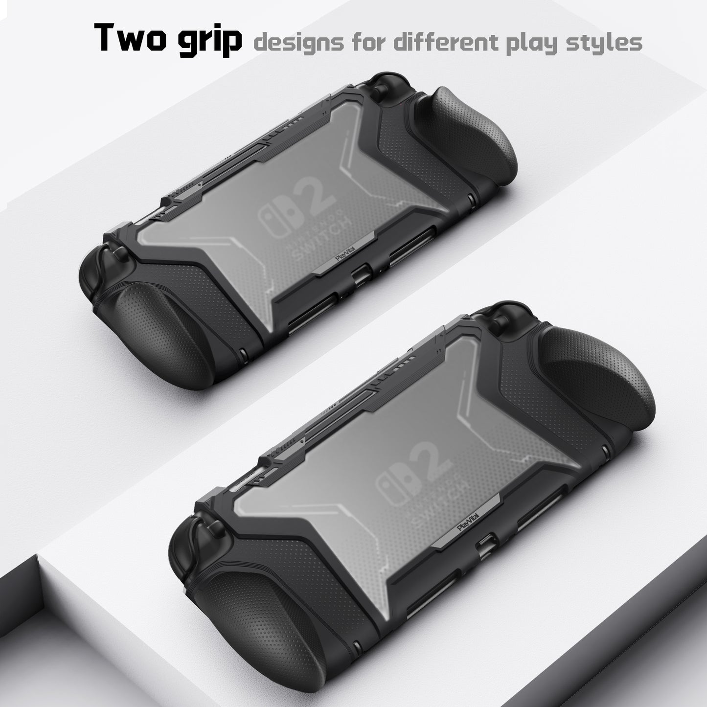 PlayVital BEYOND-GRIP Nintendo Switch 2（2025）対応 交換式グリップ付きTPU保護ケースカバー ドック対応 親指グリップキャップ付き 耐衝撃 人間工学デザイン【ブラック】