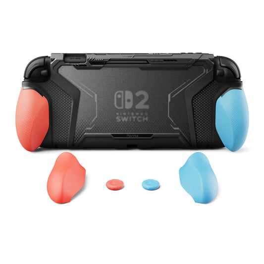PlayVital BEYOND-GRIP Nintendo Switch 2（2025）対応 交換式グリップ付きTPU保護ケースカバー ドック対応 親指グリップキャップ付き 耐衝撃 人間工学デザイン【ブルー＆オレンジ】
