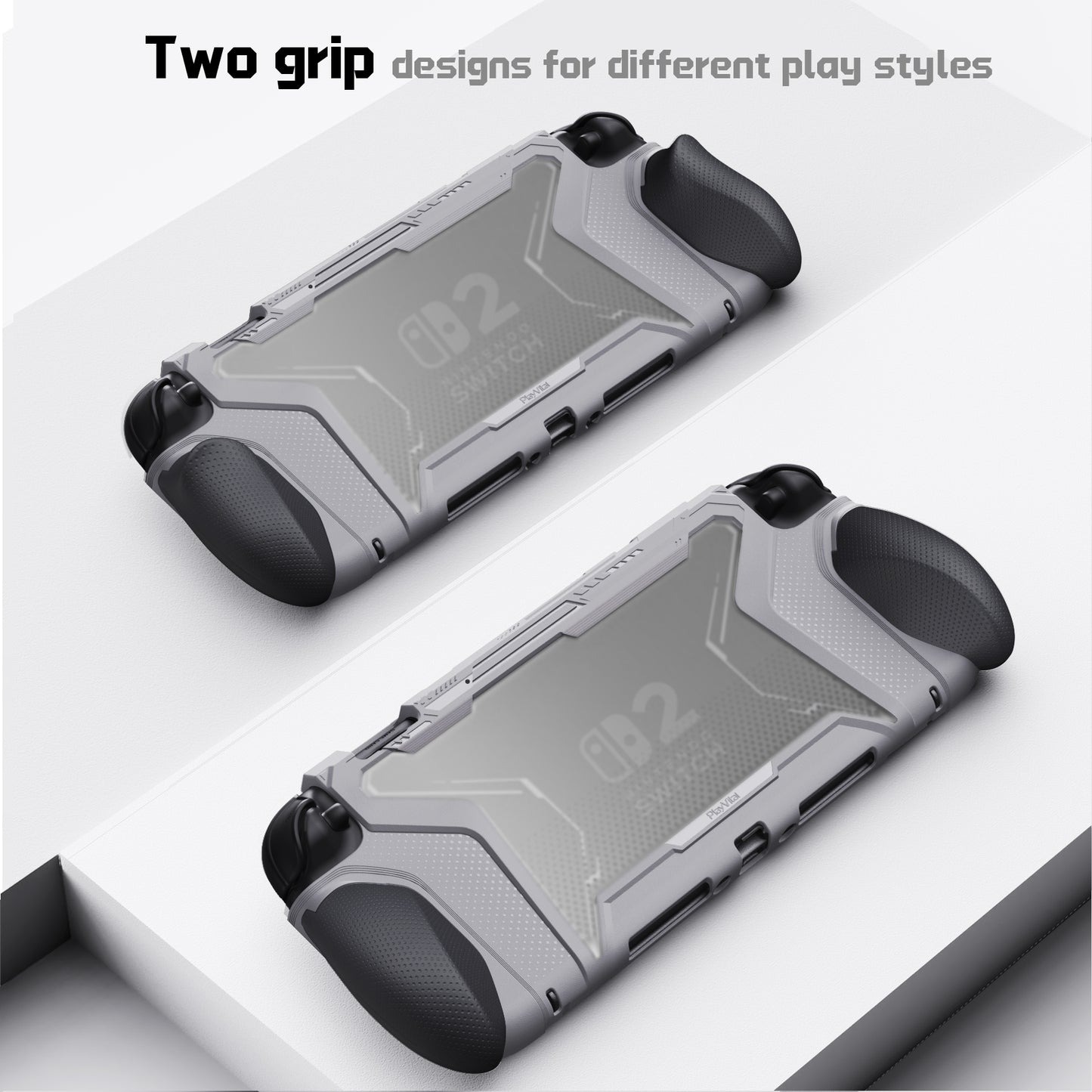 PlayVital BEYOND-GRIP Nintendo Switch 2（2025）対応 交換式グリップ付きTPU保護ケースカバー ドック対応 親指グリップキャップ付き 耐衝撃 人間工学デザイン【グレー】