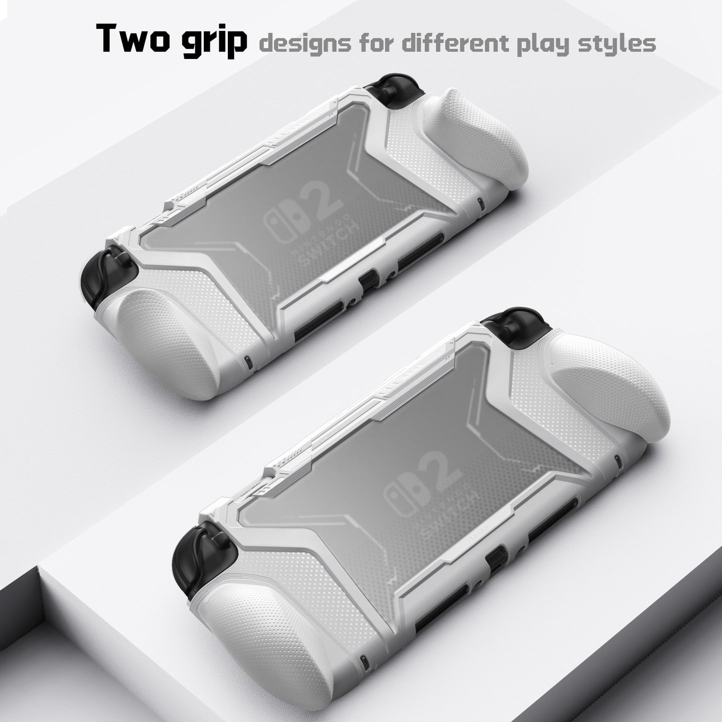 PlayVital BEYOND-GRIP Nintendo Switch 2（2025）対応 交換式グリップ付きTPU保護ケースカバー ドック対応 親指グリップキャップ付き 耐衝撃 人間工学デザイン【ホワイト】