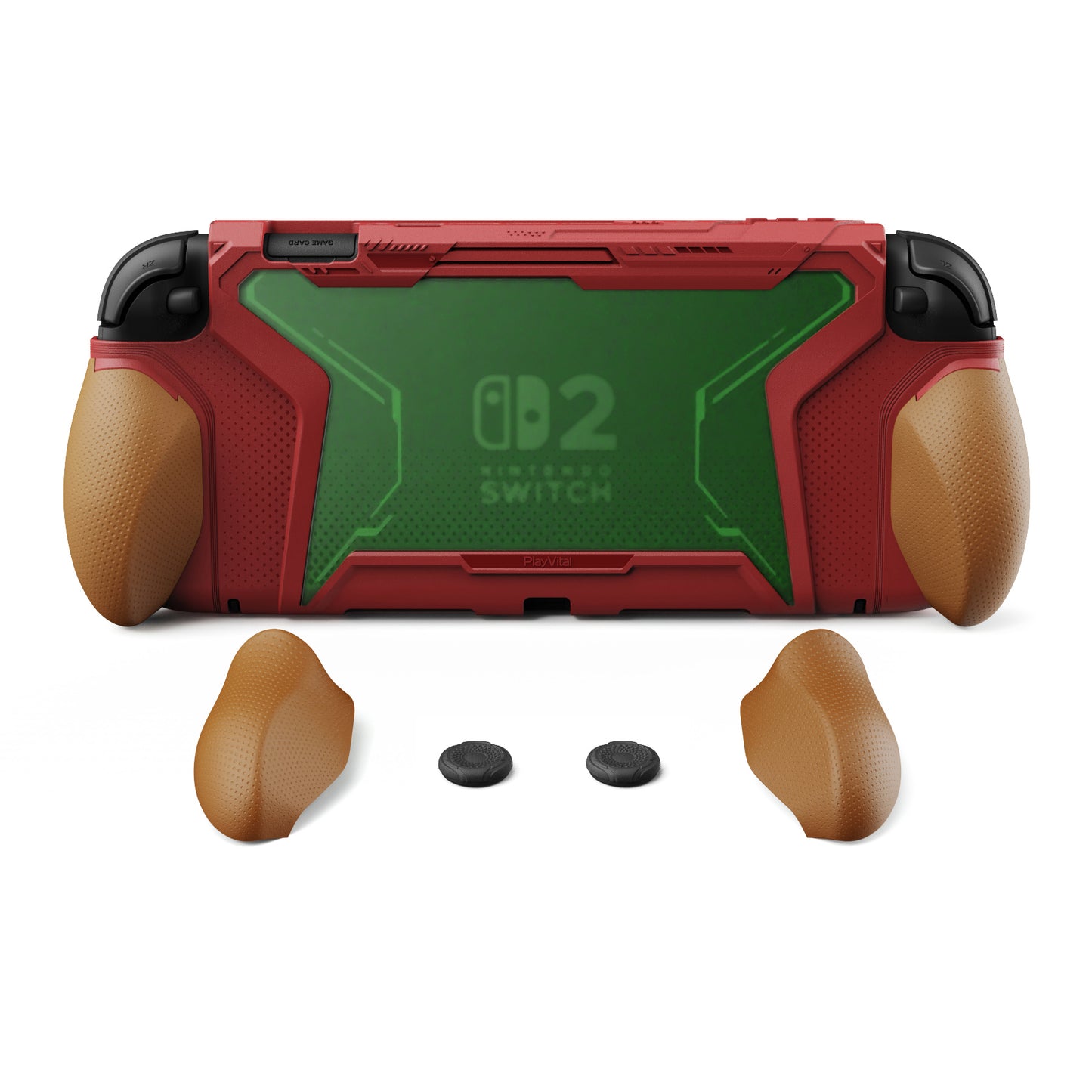 PlayVital BEYOND-GRIP Nintendo Switch 2（2025）対応 交換式グリップ付きTPU保護ケースカバー ドック対応 親指グリップキャップ付き 耐衝撃 人間工学デザイン【レッド＆オレンジ】