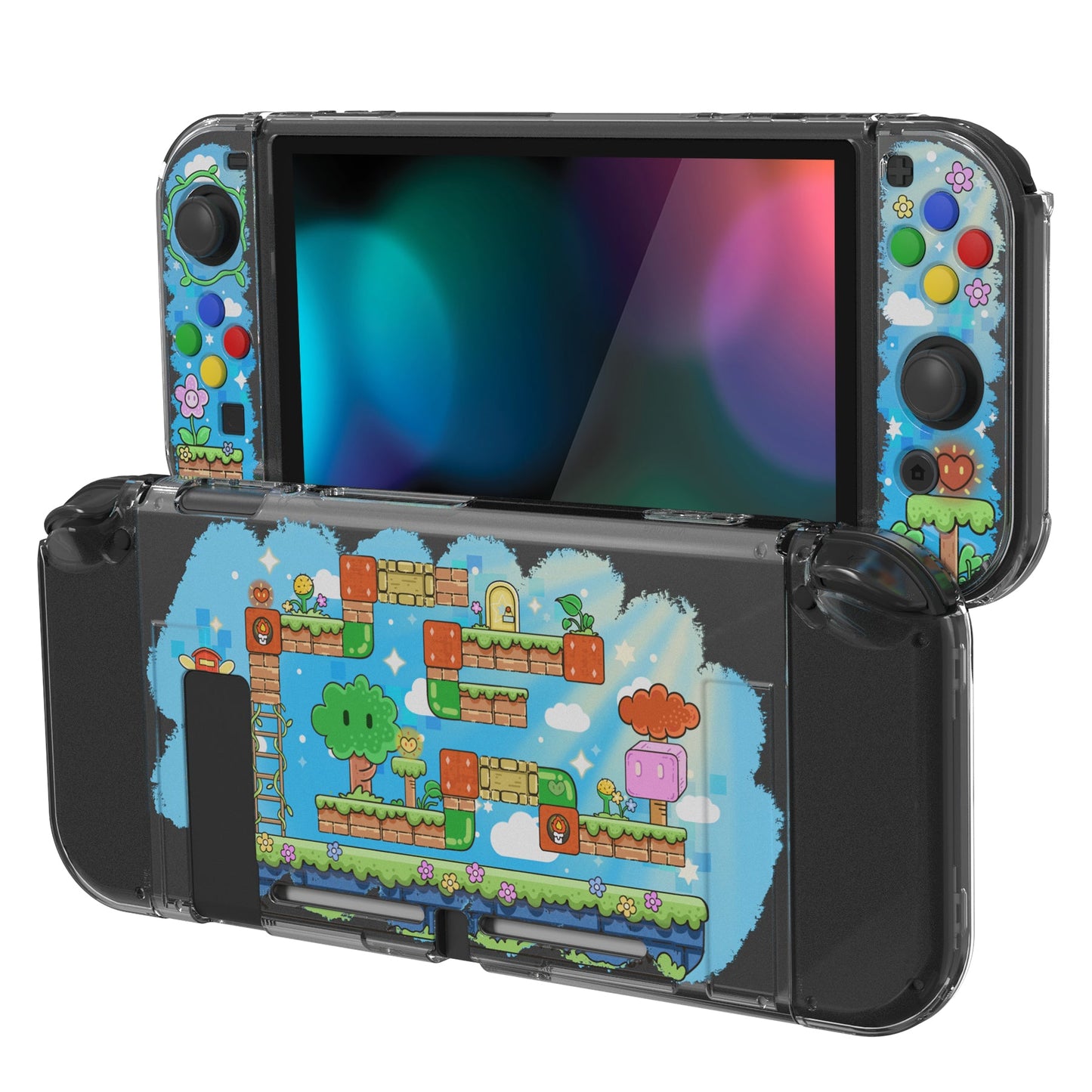 PlayVital Blocks Adventure Protective Case for NS, Soft TPU Slim Case Cover for NS Joycon Console with Colorful ABXY Direction Button Caps - NTU6041G2 PlayVital