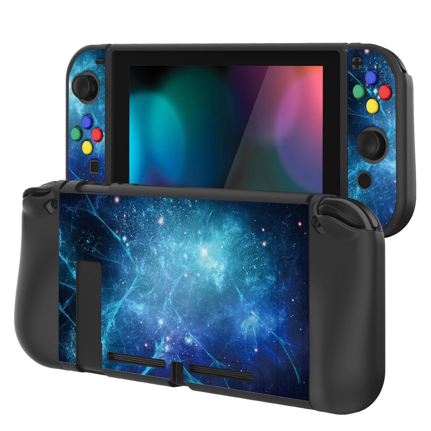 PlayVital ソフト TPU スリム保護ケース、カラフルな ABXY 方向ボタンキャップ付き NS Switch 用【ブルー ネビュラ】【 NTU6014G2】