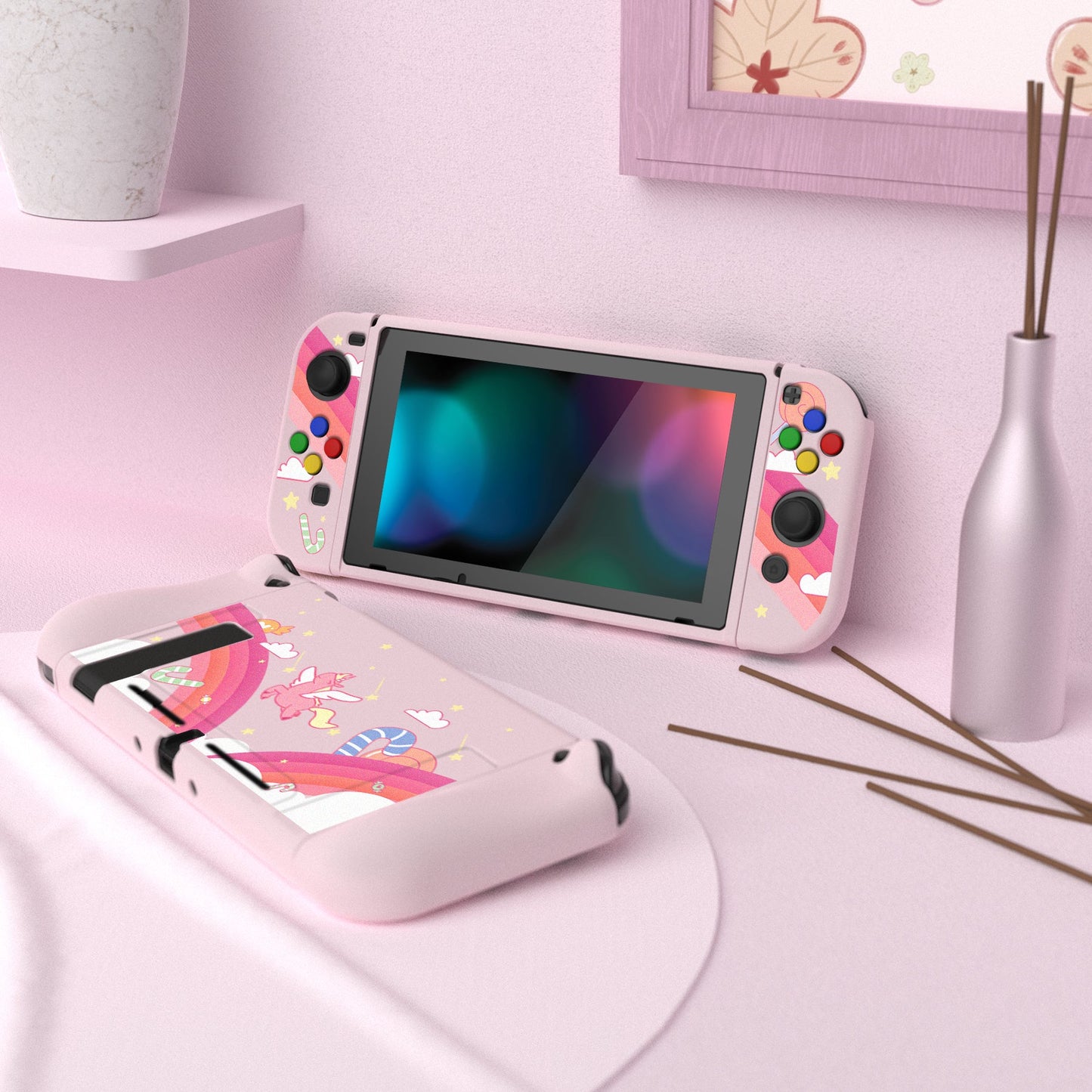 PlayVital Candy Rainbow Unicorn Protective Case for NS Switch, Soft TPU Slim Case Cover for NS Switch Console with Colorful ABXY Direction Button Caps - NTU6010 PlayVital