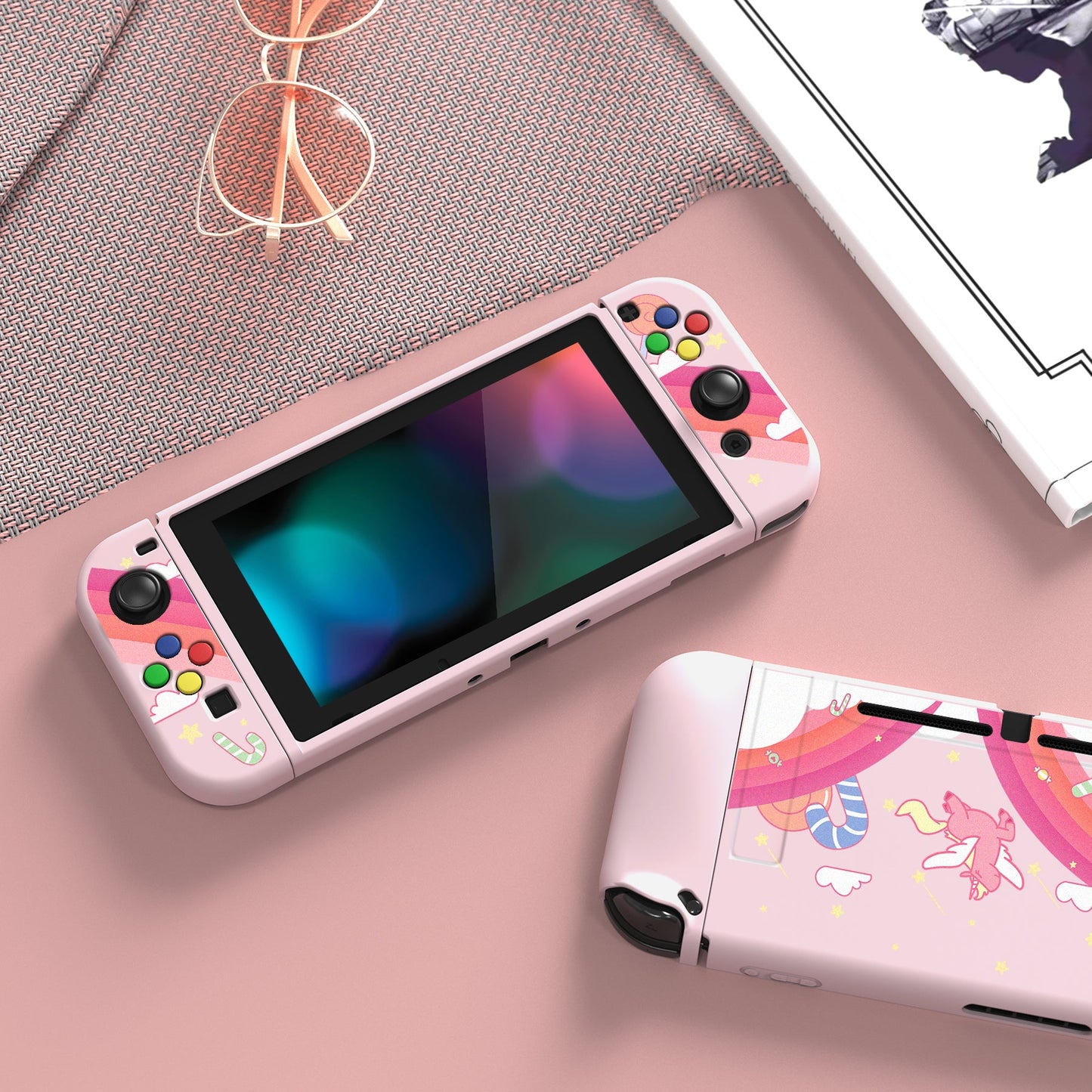 PlayVital Candy Rainbow Unicorn Protective Case for NS Switch, Soft TPU Slim Case Cover for NS Switch Console with Colorful ABXY Direction Button Caps - NTU6010 PlayVital