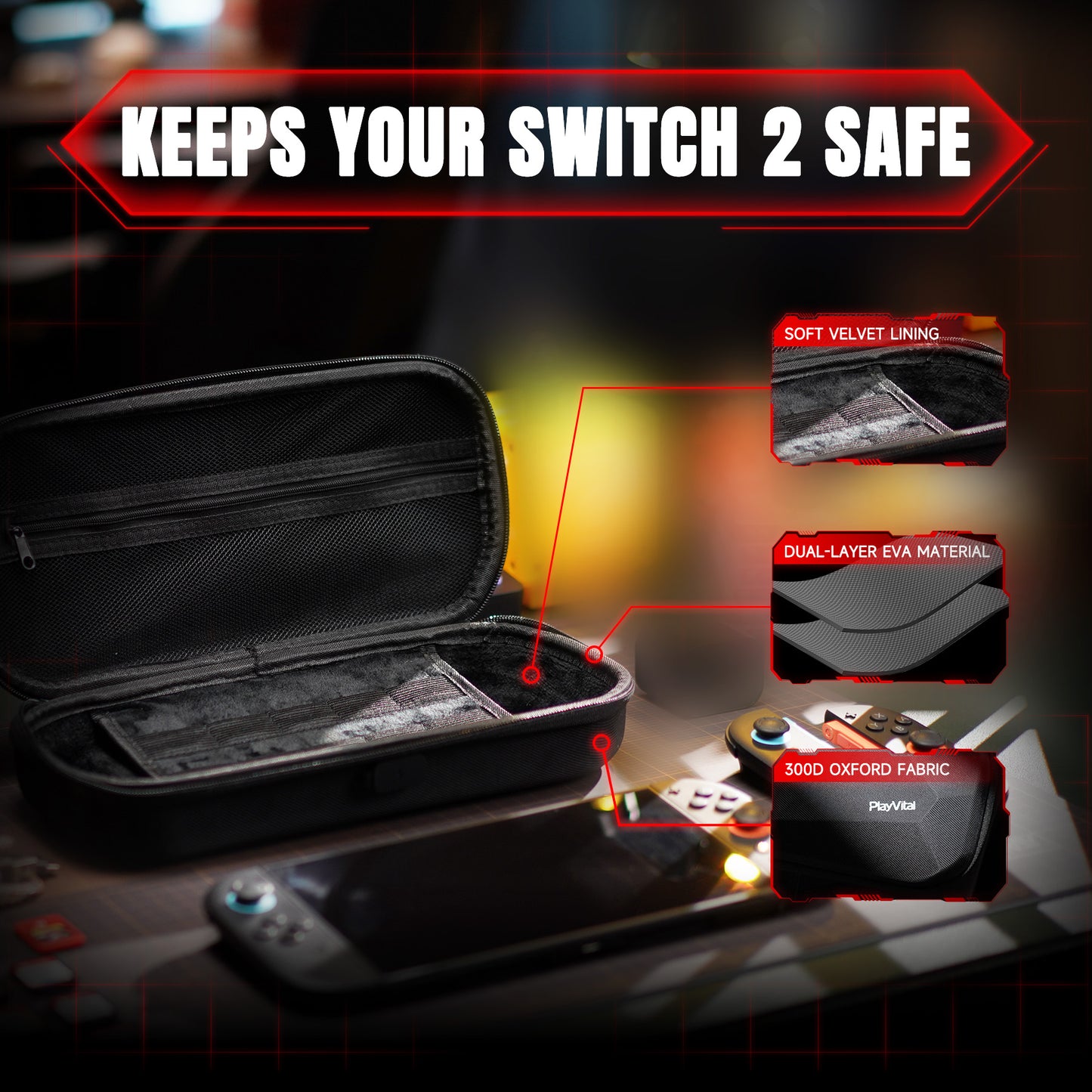 PlayVital Nintendo Switch 2用キャリングケース（シリコン充電ポート付き）、衝撃吸収ハードシェル、10枚ゲームカード収納スロット付き、Switch 2アクセサリー収納用【ブラック】