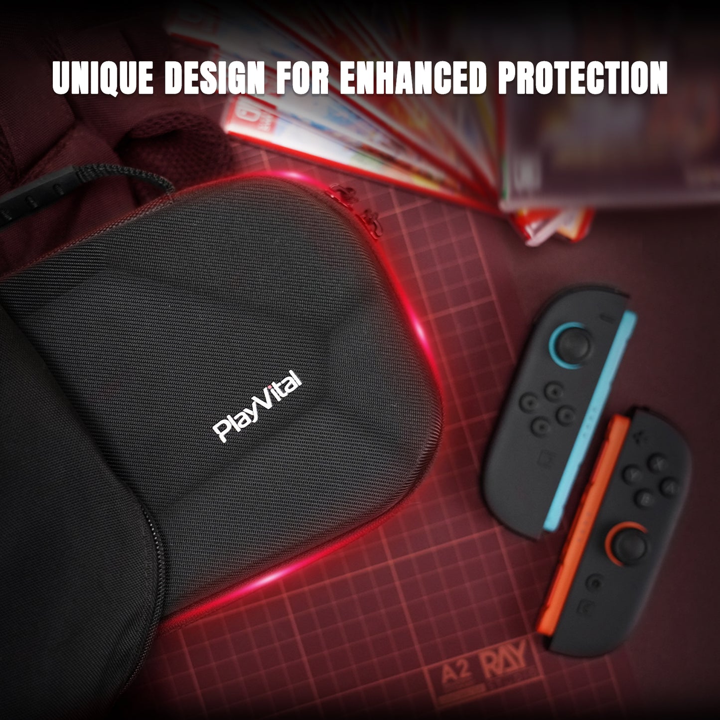 PlayVital Nintendo Switch 2用キャリングケース（シリコン充電ポート付き）、衝撃吸収ハードシェル、10枚ゲームカード収納スロット付き、Switch 2アクセサリー収納用【ブラック】