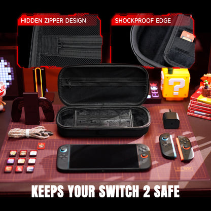 PlayVital Nintendo Switch 2用キャリングケース（シリコン充電ポート付き）、衝撃吸収ハードシェル、10枚ゲームカード収納スロット付き、Switch 2アクセサリー収納用【ブラック】