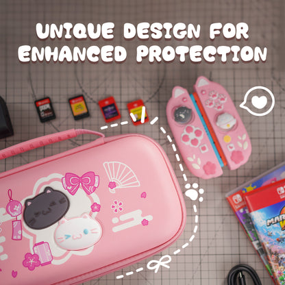 PlayVital 和風さくら子猫デザイン キャリングケース Nintendo Switch 2 用 Switch 2対応 可愛いハードシェルトラベルケース シリコン充電ポート付き ゲームカード10枚収納可能 ポータブル収納バッグ【ピンク】