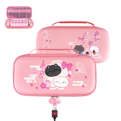 PlayVital 和風さくら子猫デザイン キャリングケース Nintendo Switch 2 用 Switch 2対応 可愛いハードシェルトラベルケース シリコン充電ポート付き ゲームカード10枚収納可能 ポータブル収納バッグ【ピンク】